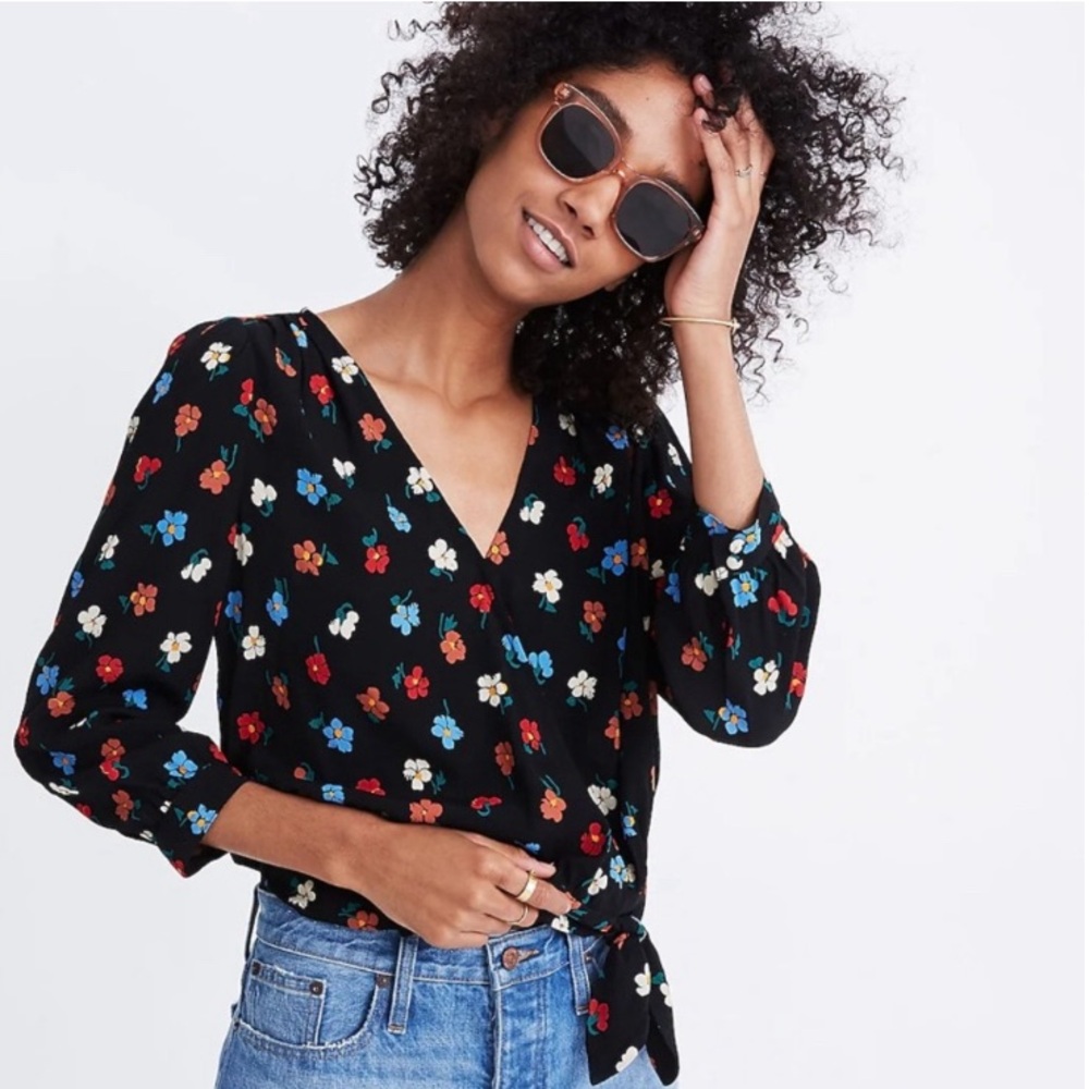 Madewell Floral Surplice Wrap Tie Blouse Top